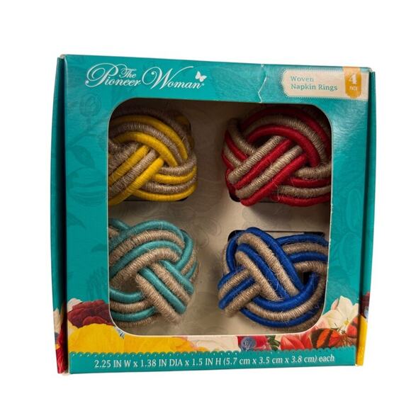 The Pioneer Woman Woven Napkin Rings 4 Pack Set New In Box 2.25" x1.38" Colorful - Picture 3 of 8